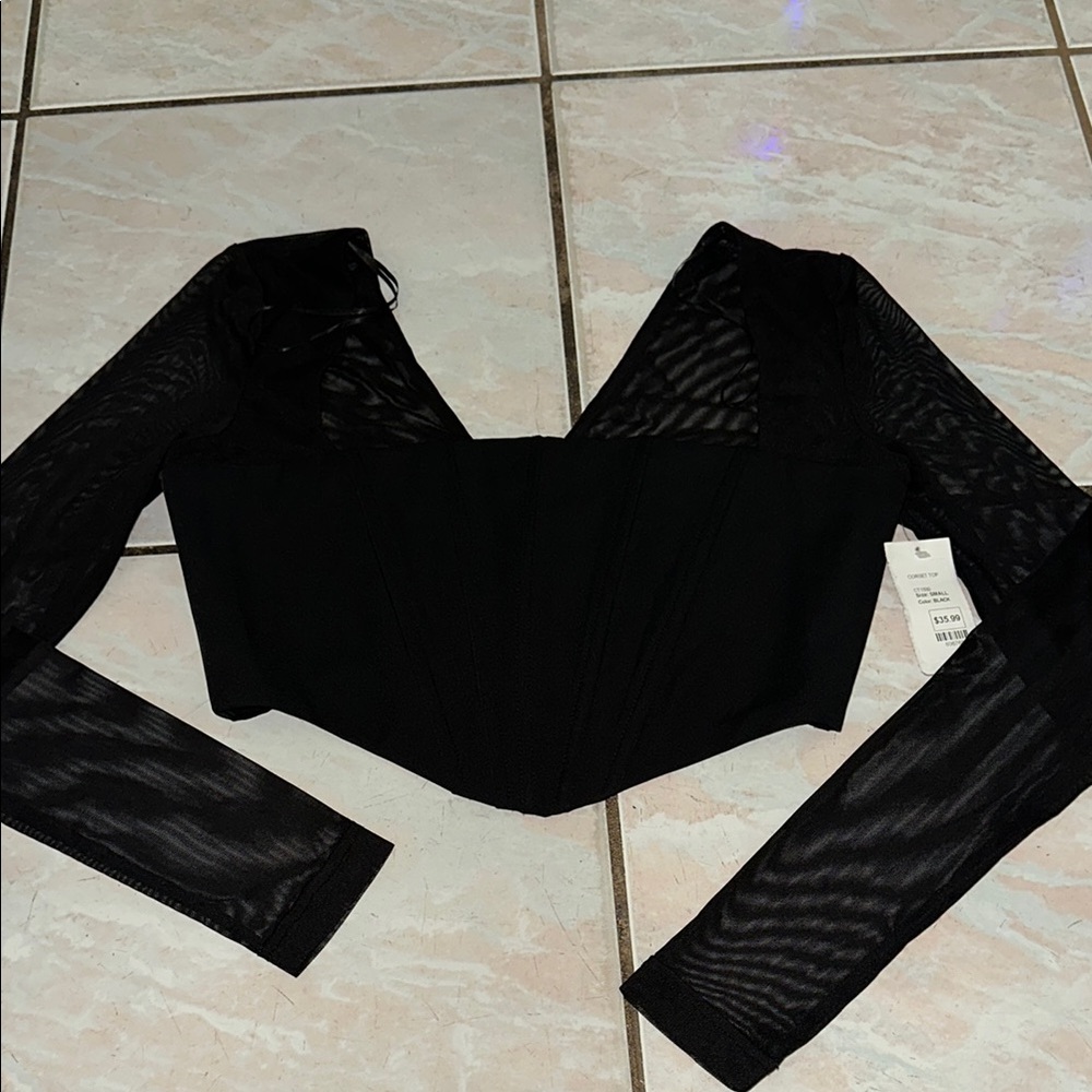 Black Mesh Sleeve Cropped Top - Women